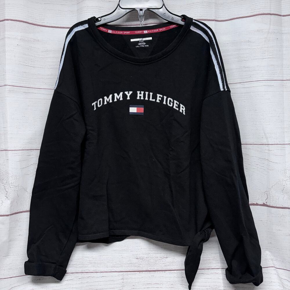 Tommy Hilfiger Sport Black Tie Hem Cropped Sweatshirt Flag Logo XXL